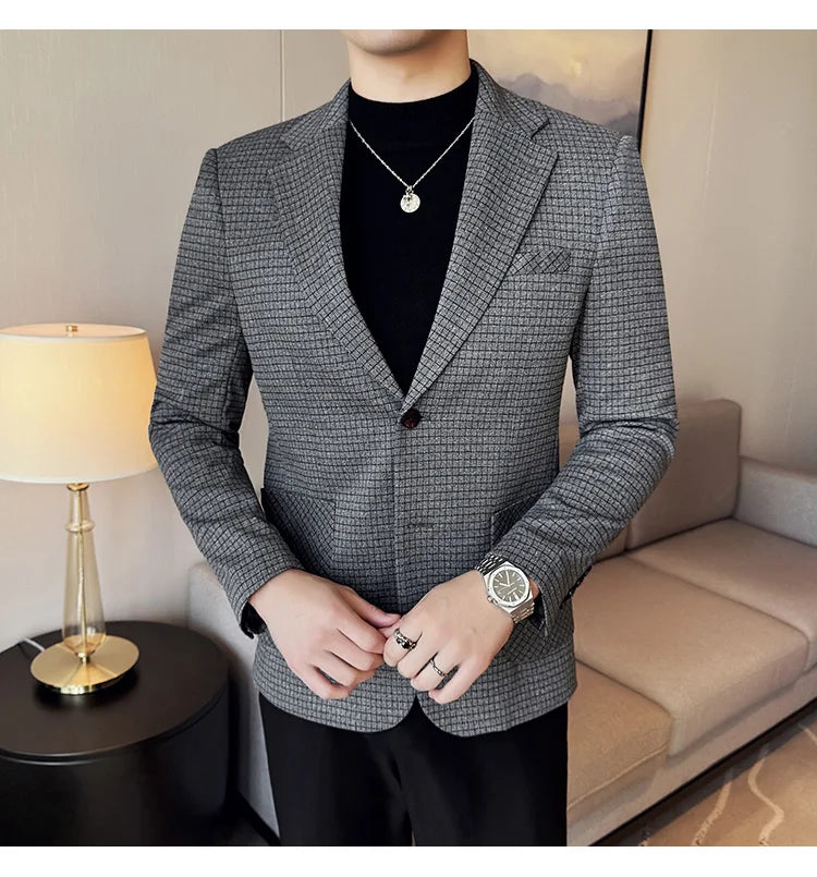 Autumn Winter Simple Plaid Blazer For Men Slim Fit . It can worn for Business Events and wedding functions.