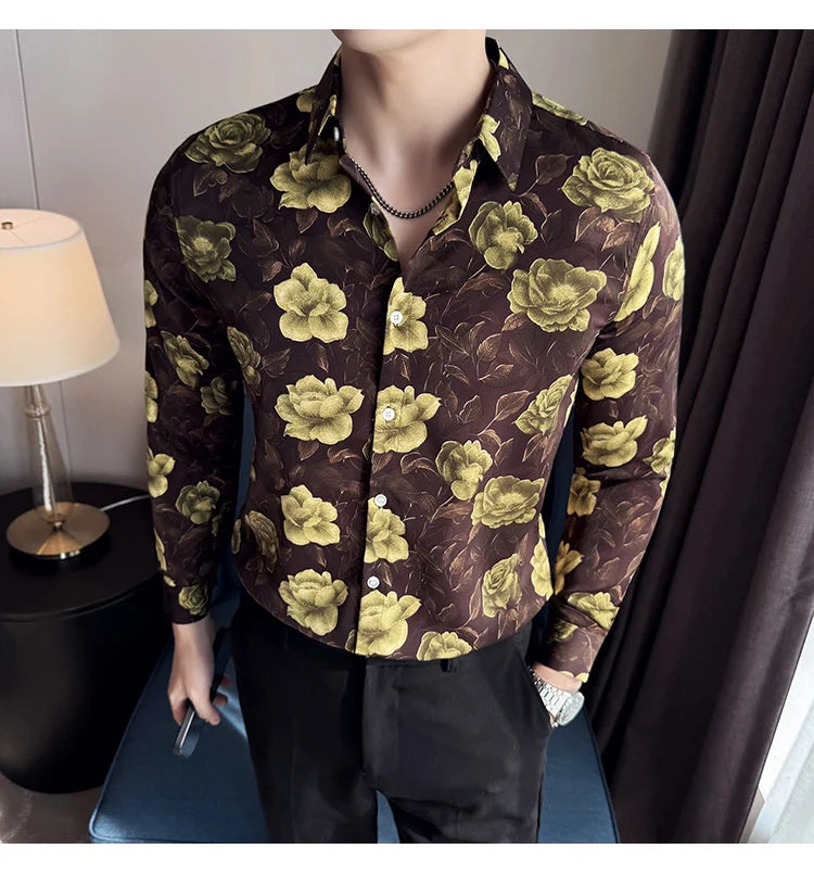 Men's Latest Fashionable Long-Sleeved Floral Shirt