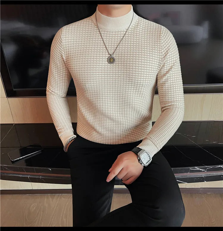Alluring Half High Collar Checkered Knit Sweater for Men