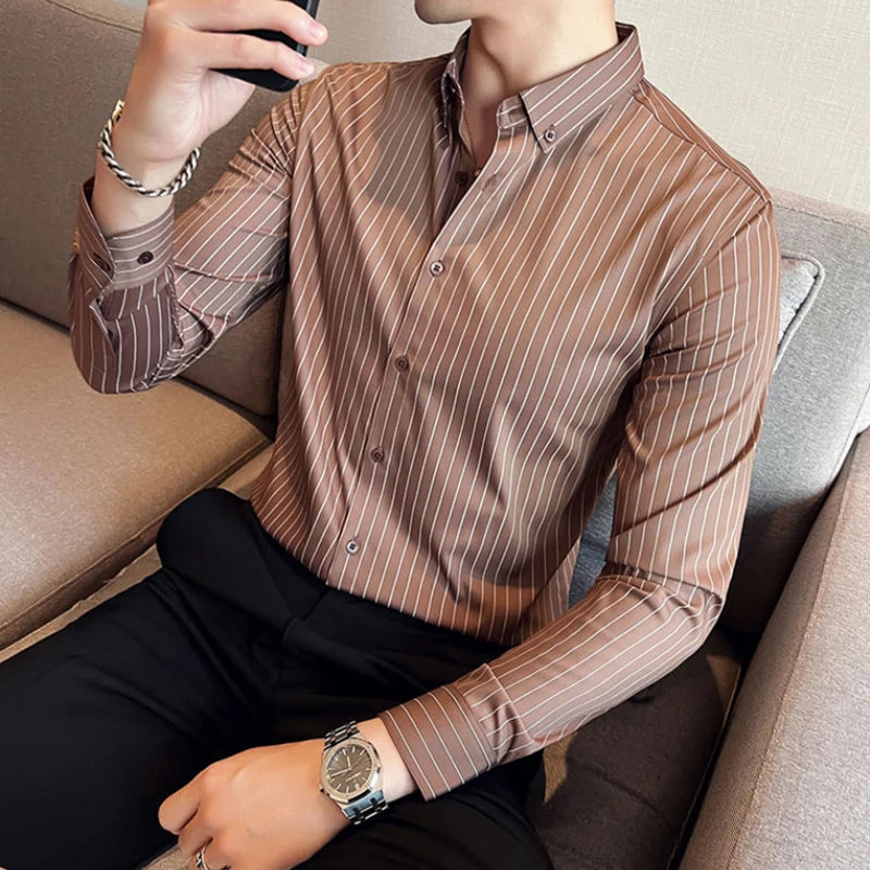 British Style Striped Men' s Long Sleeve Shirt