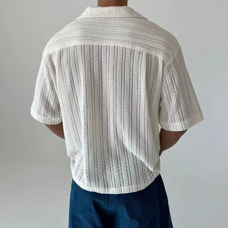 Vintage Cuban Collar Hollow Short Sleeved Shirt Men