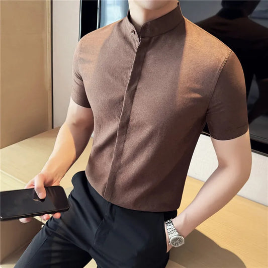 Chinese Style Retro Stand Up Collar Shirt for Men Slim Fit Short Sleeve