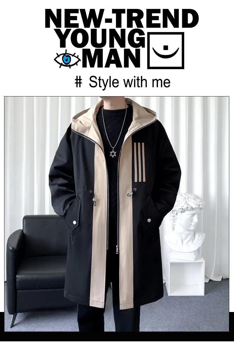 Fashionable Men's overcoat, high-quality hooded jacket, windproof, warm,