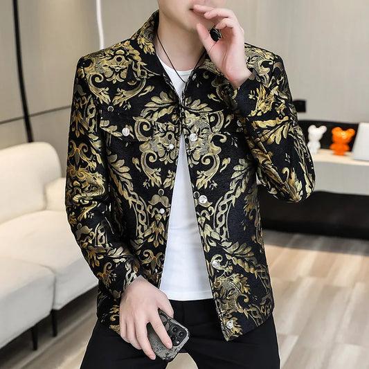 Men's Luxury Gold Jacquard Jacket for Autumn Winter Season