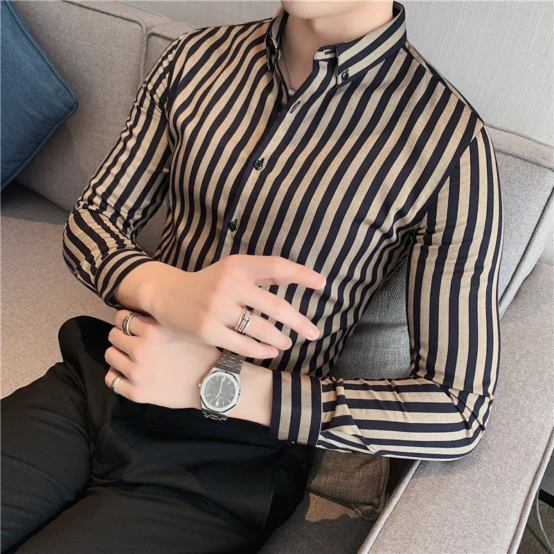 Alluring Korean Luxury Long Sleeve Striped Shirts For Men Slim Fit