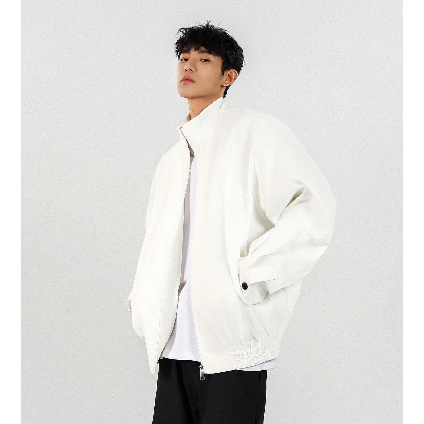 New Men's Solid Color Zip-up Stand Collar Loose Casual Jacket