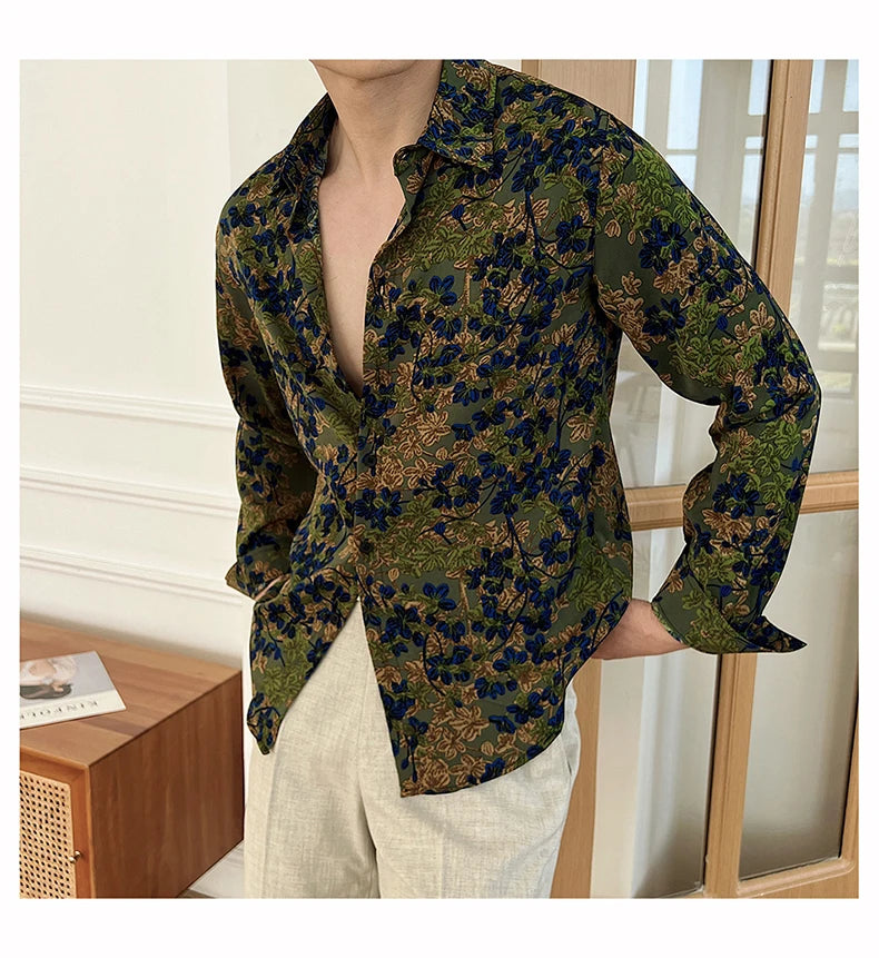 Men Draped Floral Contrast Shirt Wrinkle-Resistant Flow Casual Elegance