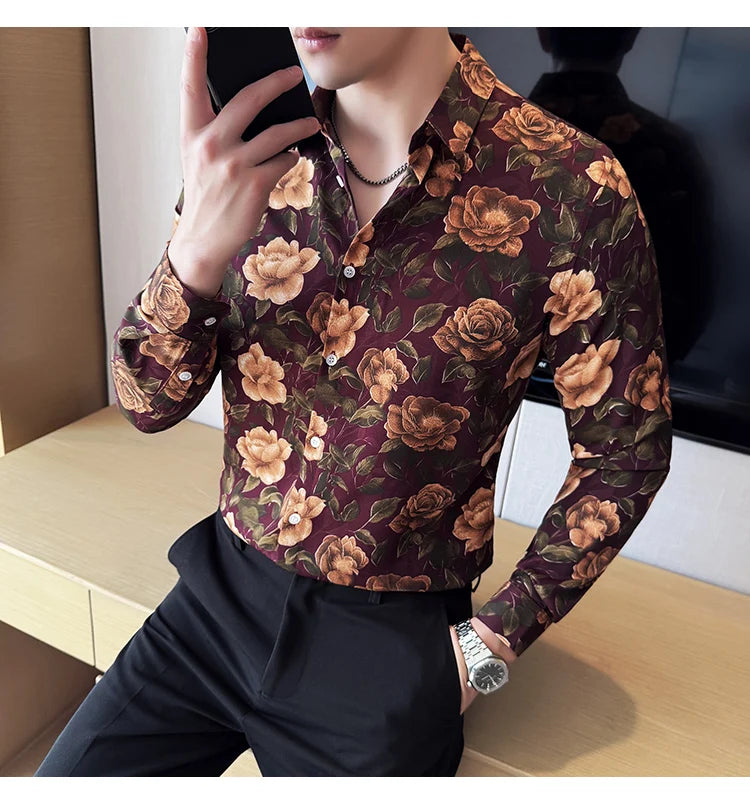 Men's Latest Fashionable Long-Sleeved Floral Shirt