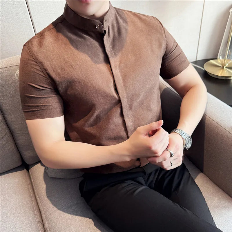 Chinese Style Retro Stand Up Collar Shirt for Men Slim Fit Short Sleeve