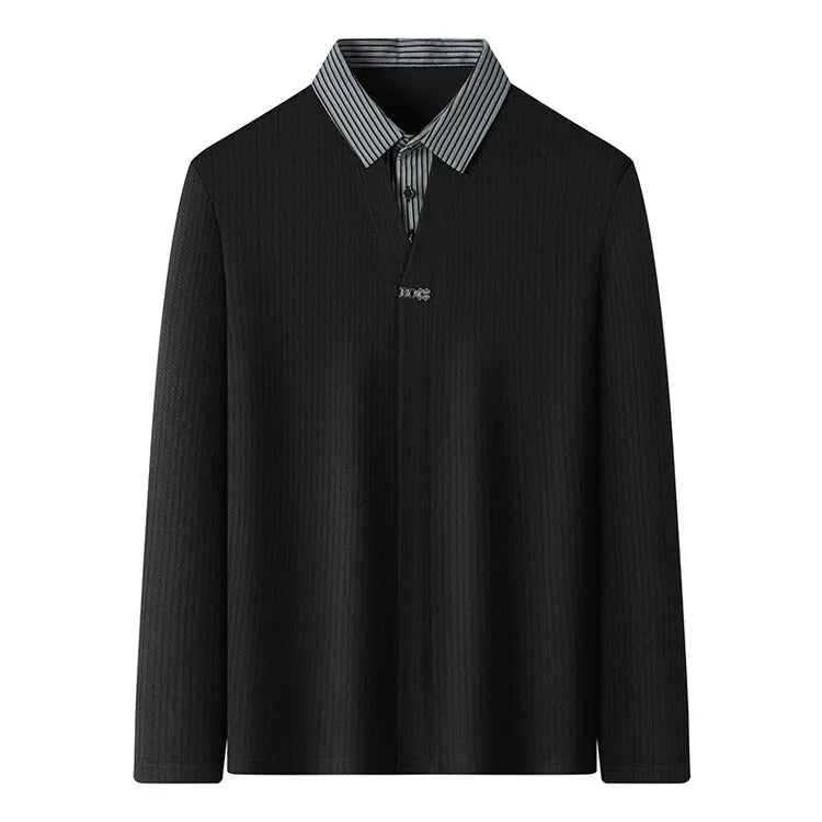 Men's Winter Long Sleeve Top Knit Sweater with Woven Shirt Collar