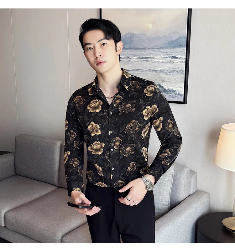 Men's Latest Fashionable Long-Sleeved Floral Shirt