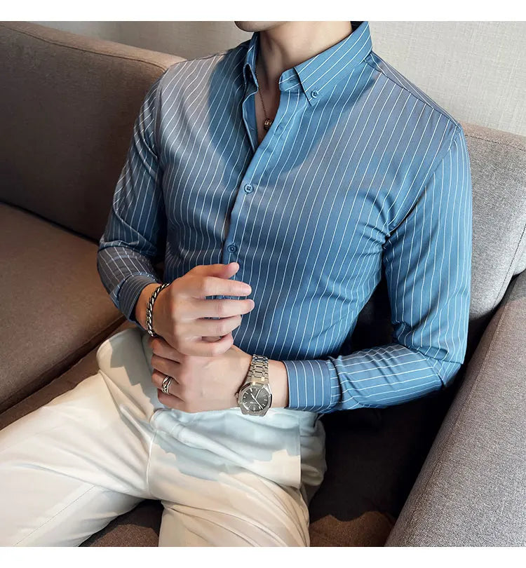 British Style Striped Men' s Long Sleeve Shirt