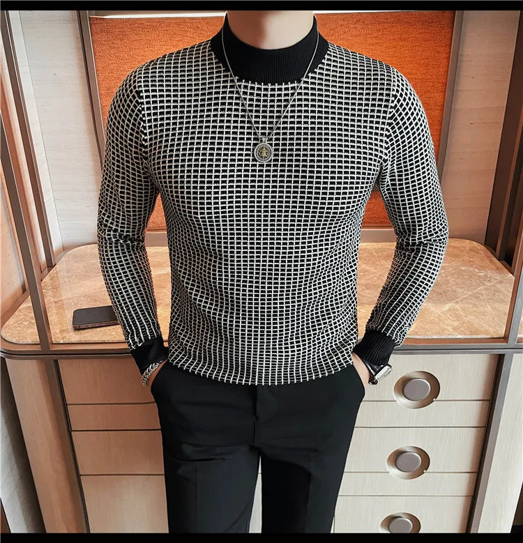 Alluring Half High Collar Checkered Knit Sweater for Men