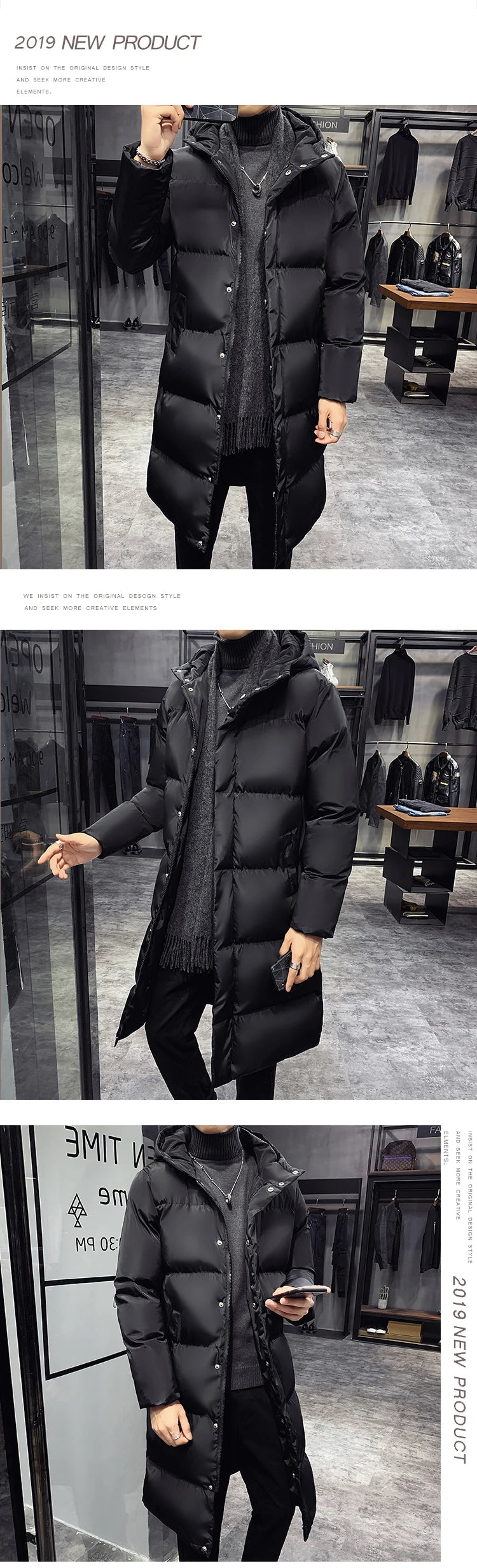 Men Winter Parka Hooded Casual Long Down Cotton Jacket