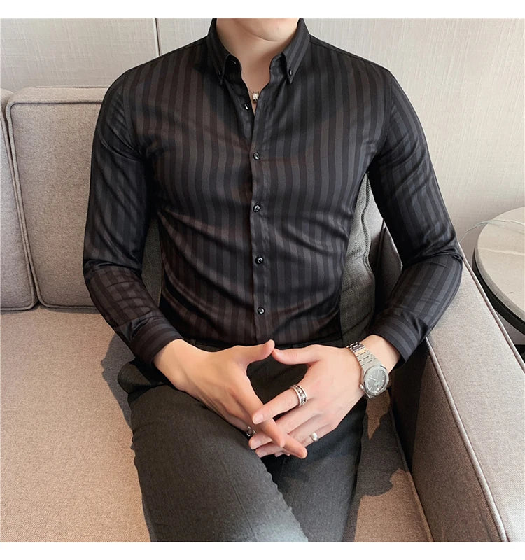 Alluring Korean Luxury Long Sleeve Striped Shirts For Men Slim Fit