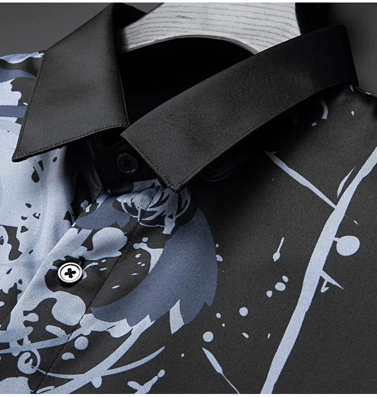 Men's Luxury  Printed  Long Sleeve Silk  Shirt