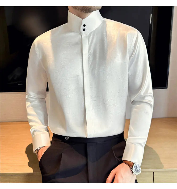New Chinese Style Men's Long-sleeved Stand - Up Collar Satin Shirt
