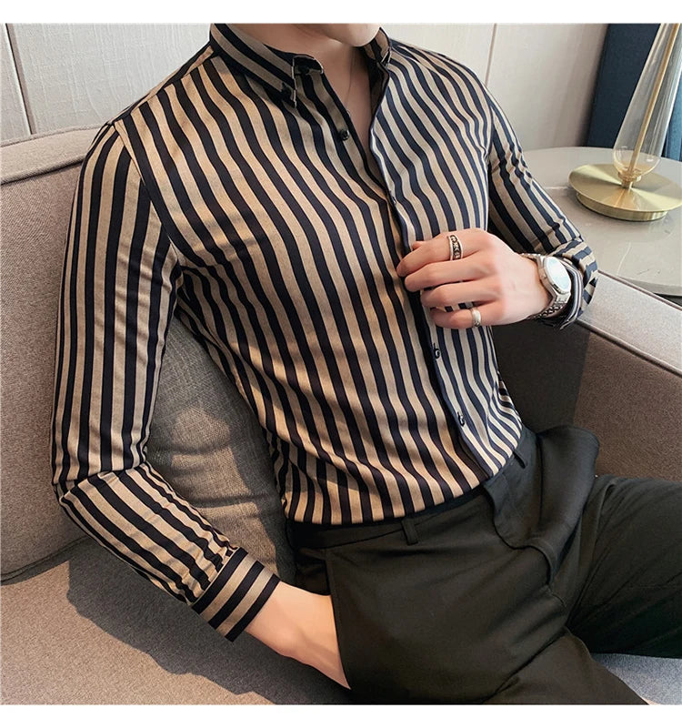 Alluring Korean Luxury Long Sleeve Striped Shirts For Men Slim Fit