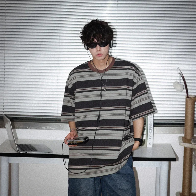 Marvelous  Men's Striped  Short Sleeve O-neck Loose  T-shirt