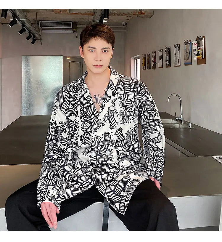 Trendy Design Printed Retro Suit Collar Shirt for  Men.