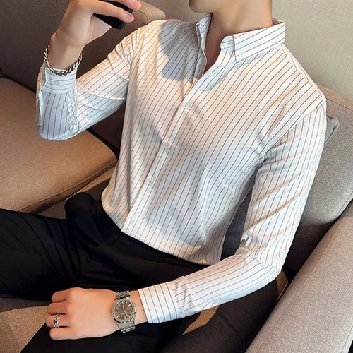 British Style Striped  Men' s Long Sleeve  Shirt