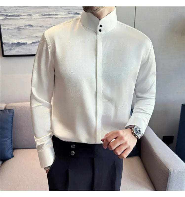 New Chinese Style Men's Long-sleeved Stand - Up Collar Satin Shirt