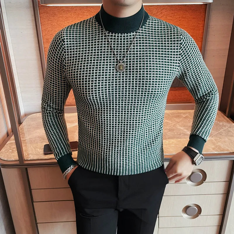 Alluring Half High Collar Checkered Knit Sweater  for Men