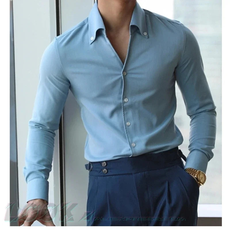 Men's Italian Collar Shirt, Wrinkle-free, Fashionable, Slim-fit