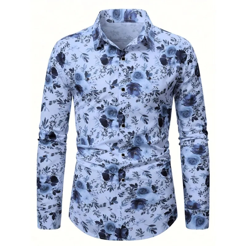 Men Hawaiian  Floral Printed Long Sleeve  Elastic Male Shirt