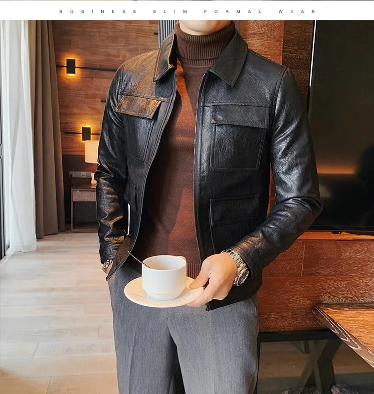 Men Fashion Lapel streetwear  Jacket Casual Business leather coats
