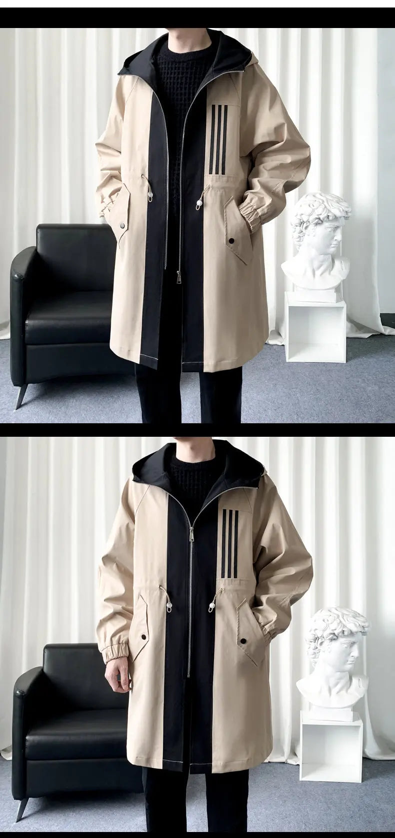 Fashionable Men's overcoat, high-quality hooded jacket, windproof, warm,