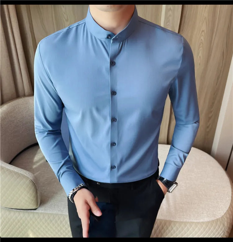 Men's Seamless Stand Up Collar Shirt  Solid Color Long Sleeved Shirt for Office