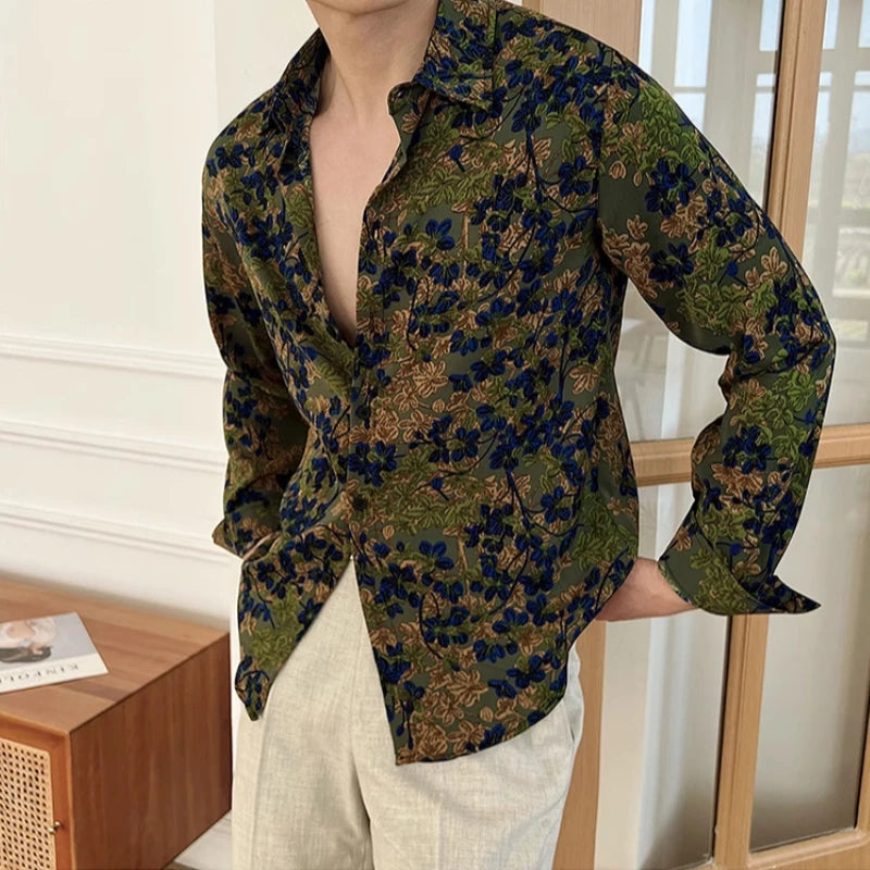 Men Draped Floral Contrast Shirt  Wrinkle-Resistant Flow   Casual Elegance