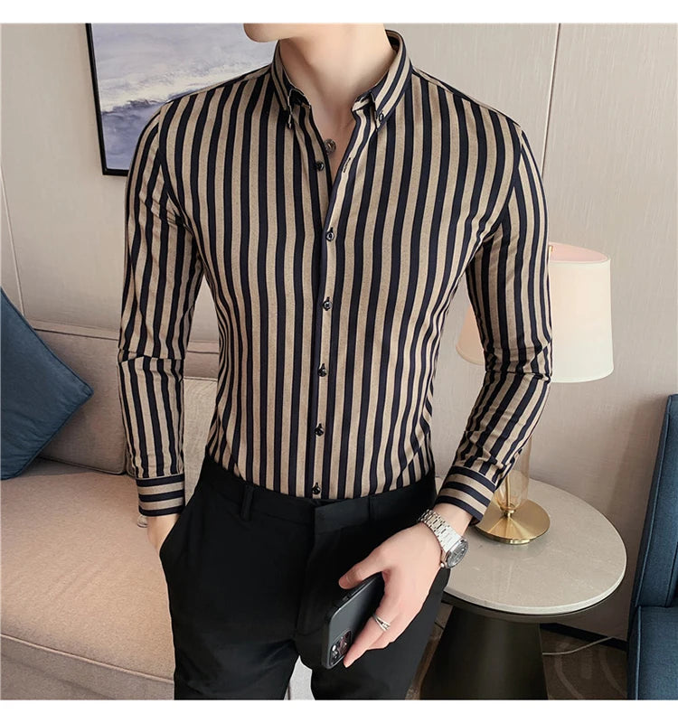 Alluring Korean Luxury Long Sleeve Striped Shirts For Men Slim Fit