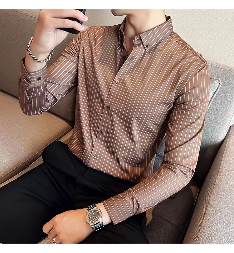 British Style Striped  Men' s Long Sleeve  Shirt
