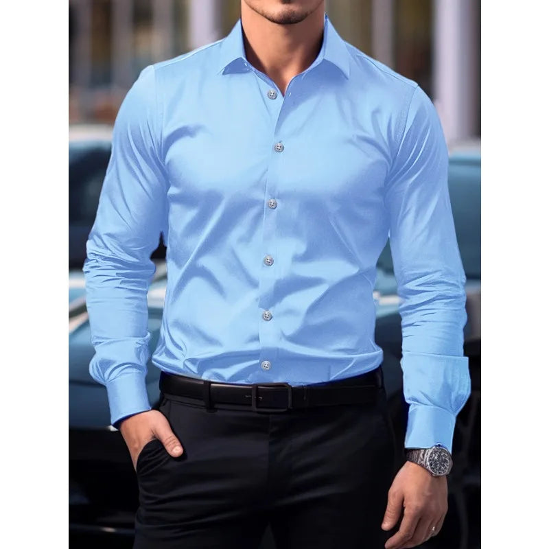 New Men's Trendy   Long Sleeve Elastic Shirt .It comes in 3 colors Grey ,Blue and Pink.