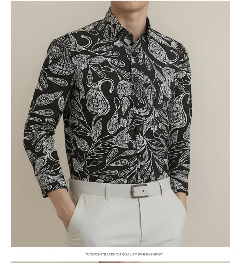 Men's Retro  Black & White Paisley Pattern  Long Sleeve Shirt