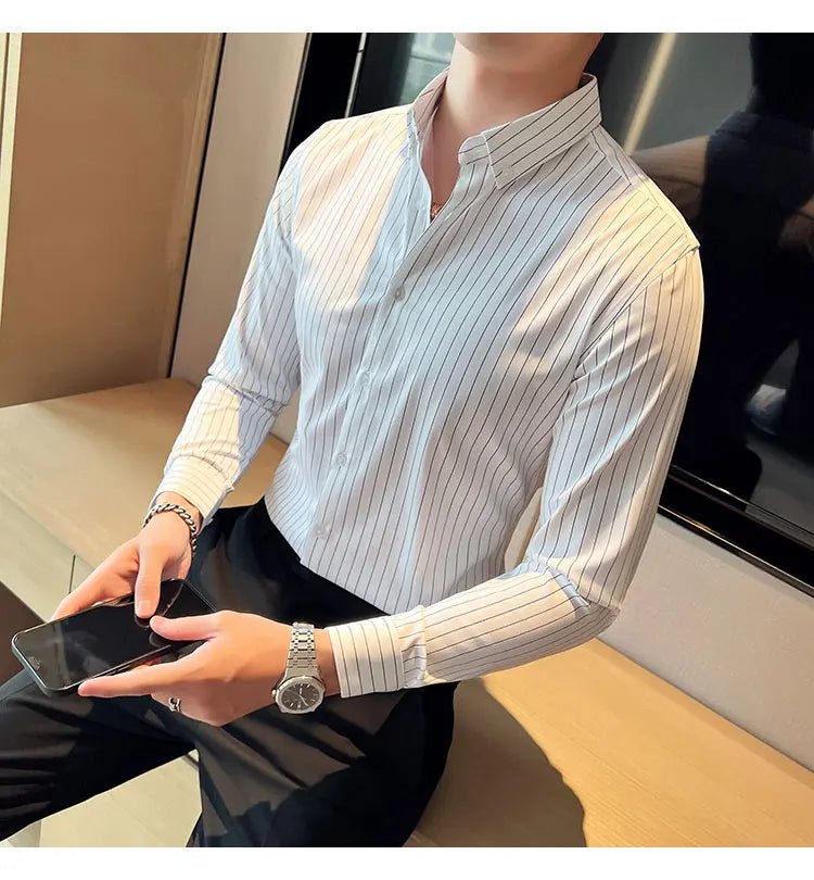 British Style Striped  Men' s Long Sleeve  Shirt