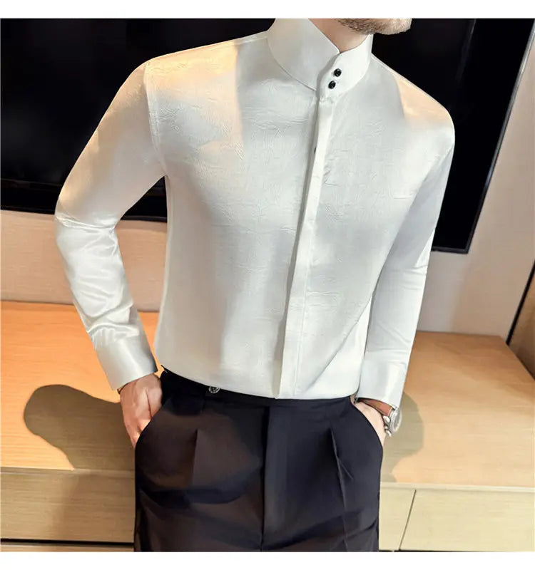 New Chinese Style Men's Long-sleeved Stand - Up Collar Satin Shirt
