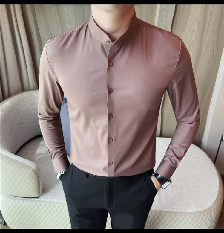Men's Seamless Stand Up Collar Shirt  Solid Color Long Sleeved Shirt for Office