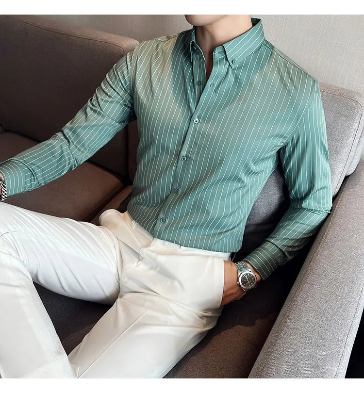 British Style Striped  Men' s Long Sleeve  Shirt