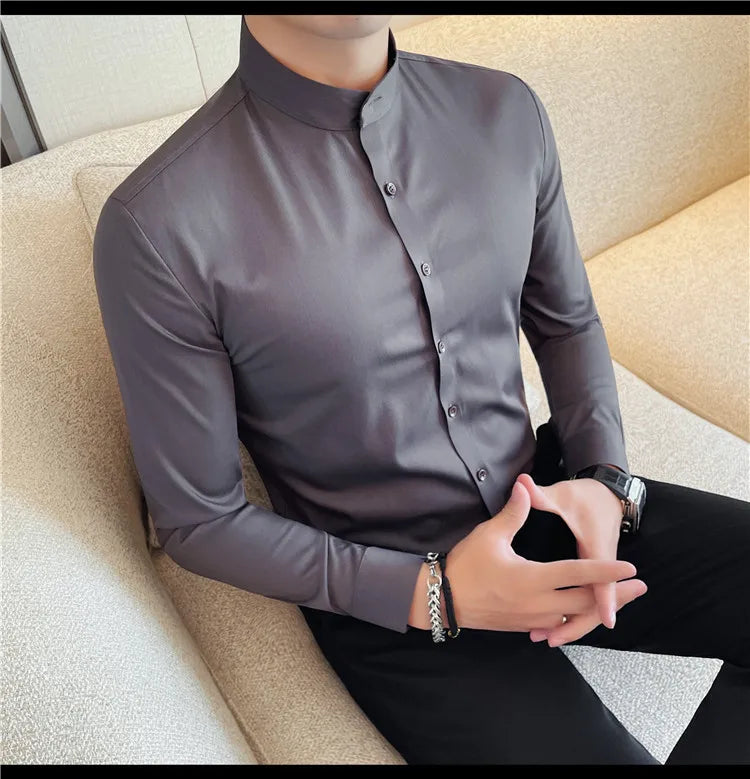 Men's Seamless Stand Up Collar Shirt  Solid Color Long Sleeved Shirt for Office