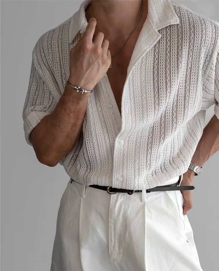 Vintage Cuban Collar Hollow Short Sleeved Shirt Men