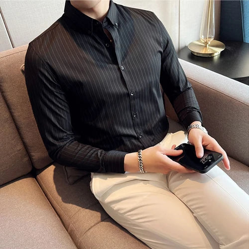 British Style Striped  Men' s Long Sleeve  Shirt