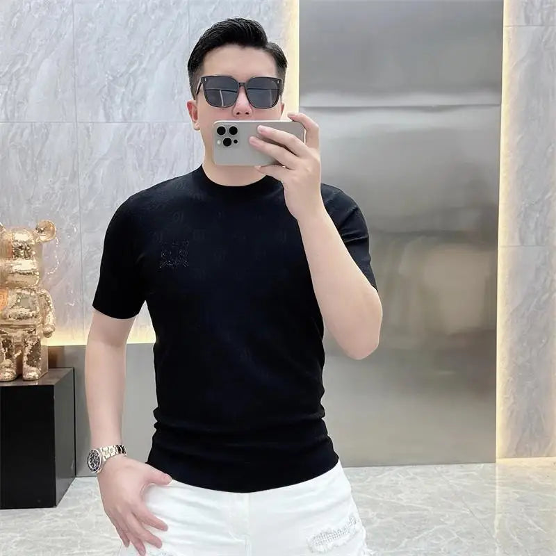 Men Jacquard Knitted Short Sleeve Casual T-shirts