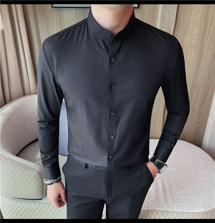 Men's Seamless Stand Up Collar Shirt  Solid Color Long Sleeved Shirt for Office