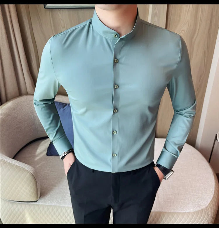Men's Seamless Stand Up Collar Shirt  Solid Color Long Sleeved Shirt for Office