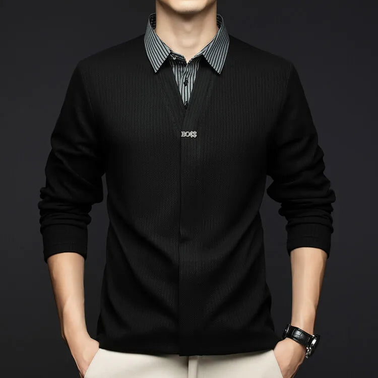 Men's Winter Long Sleeve Top Knit Sweater with Woven Shirt Collar