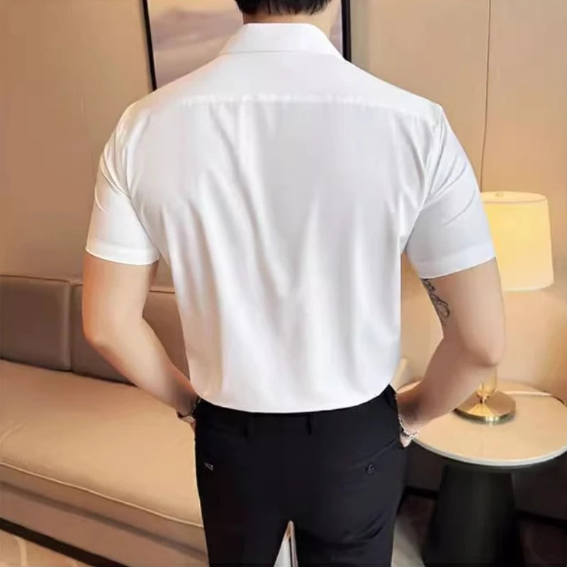 Chinese Style Retro Stand Up Collar Shirt for  Men Slim Fit Short Sleeve