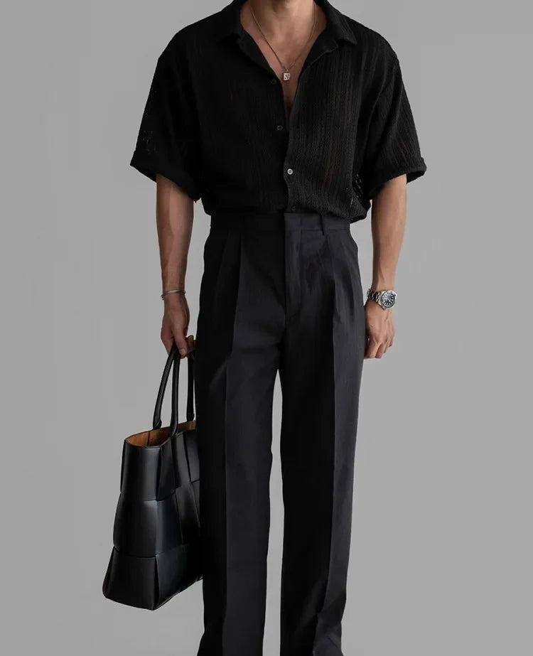 Vintage Cuban Collar Hollow Short Sleeved Shirt Men